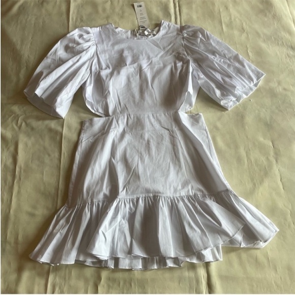 NEW! Veronica Beard- White Iker Puff Sleeve Cut Out Mini Dress Size 12 - Picture 4 of 9